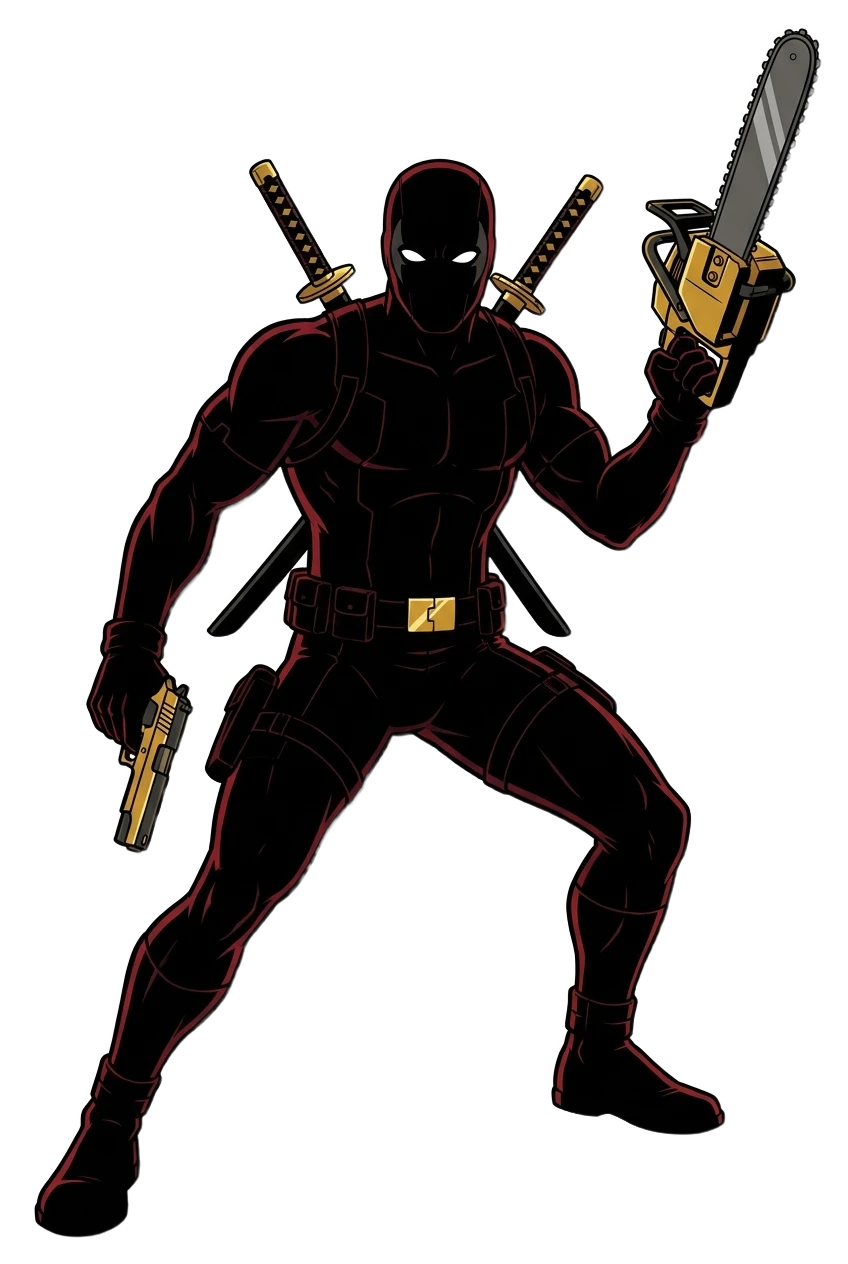 An all-black masked mercenary holding a chainsaw and a pistol with two katanas crossed on his back