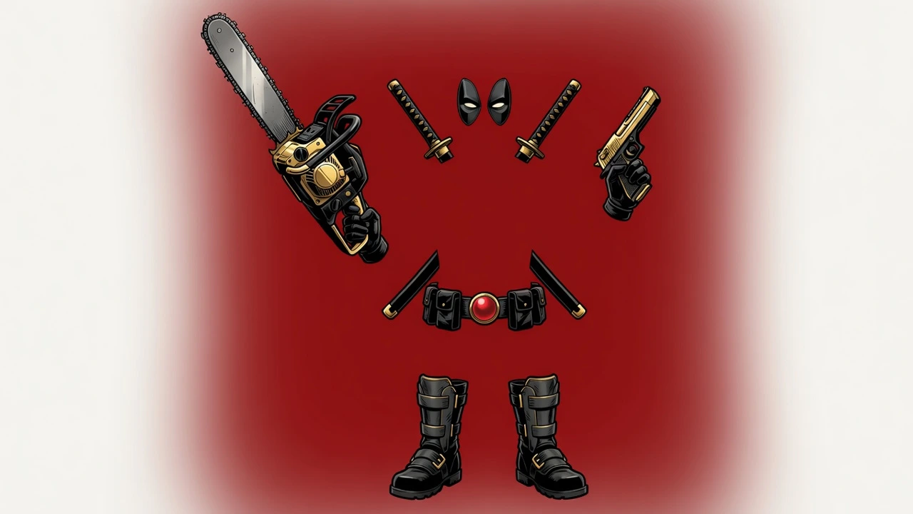 An unofficial masked mercenary shown only by his floating black gear inside a red glow: a raised chainsaw, a pistol, two katanas crossed on his back, mask, belt and boots